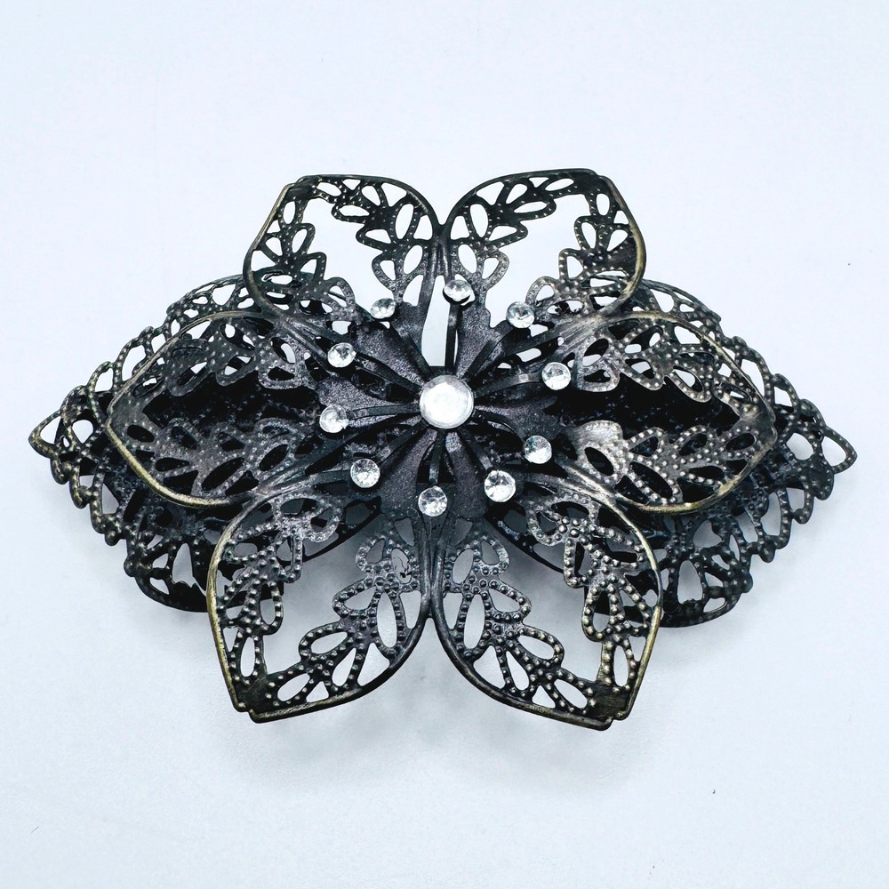 Boho Filigree Flower Hair Clip Black Metal Rhinestone Vintage Style Barrette